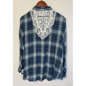 Country Living‎ Shirt Sz L Blue/Green Plaid Flannel Lace Back Button Up Western